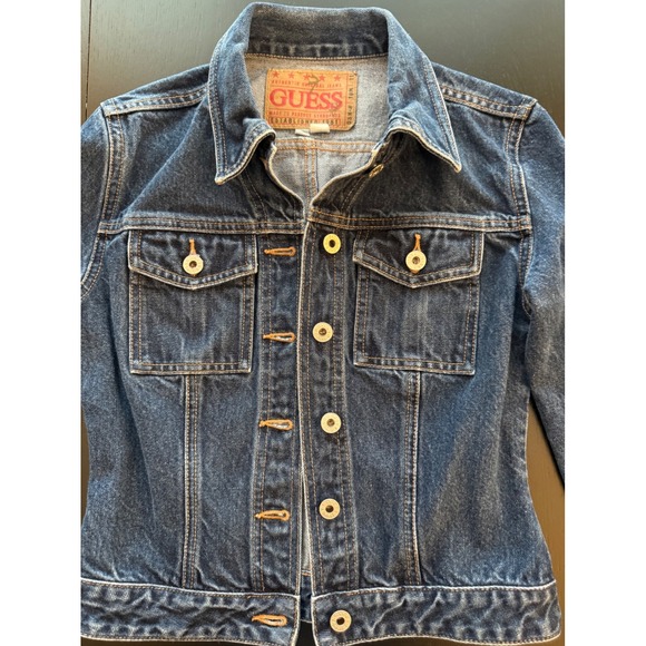 GUESS Jeans Cropped Denim Jacket Womens Small‎ Dark Wash Motorcycle Trucker Y2K - Picture 3 of 16